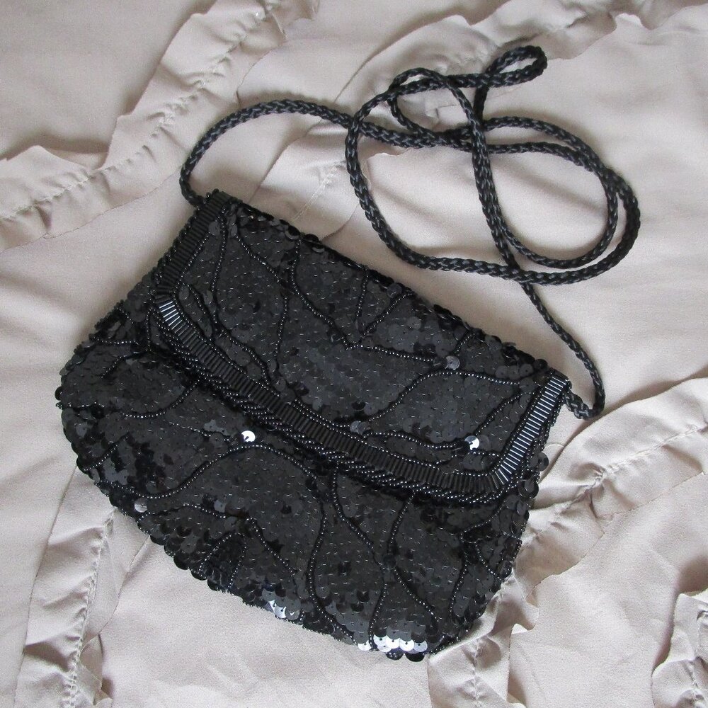 beaded black satin evening bag